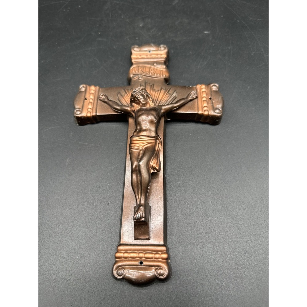 Vintage Metal Crucifix‎ Painted Copper Tone INRI Wall Cross Religious Decor